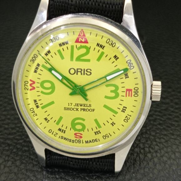 Vintage 1991 Oris Manual Mens Silver Watch W/Nato Strap & Yellow accents - Picture 3 of 9